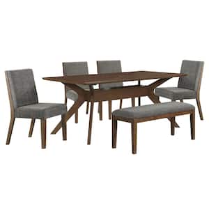 Quinn 6-Piece Brown Rubber Wood Dining Set with 4 Gray Upholstered Chairs with Bench