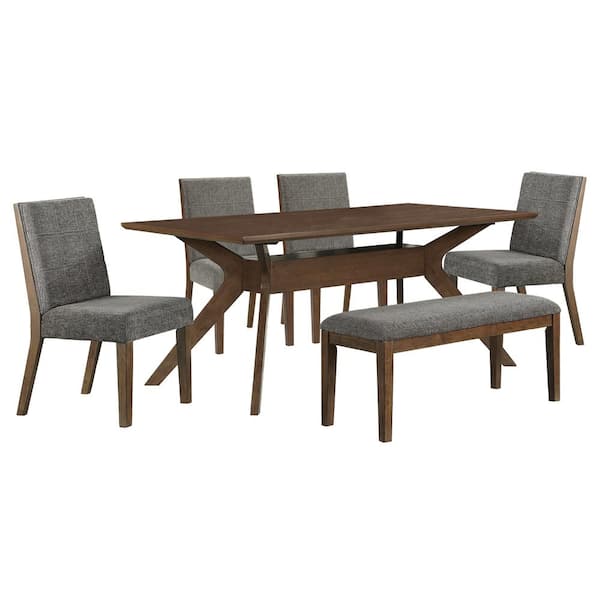 Steve Silver Quinn 6-Piece Brown Rubber Wood Dining Set with 4 Gray Upholstered Chairs with Bench