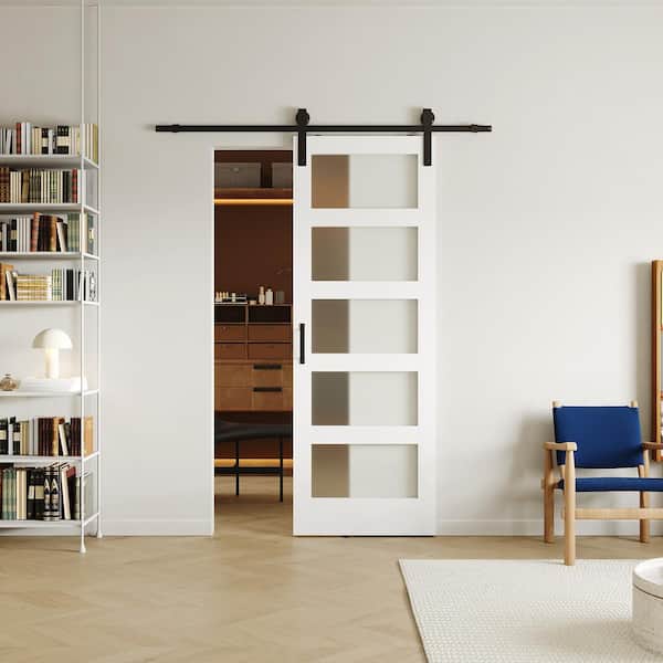 TENONER 30 in. x 84 in. 5 Panel, Frosted Glass, White, Can Be Painted, Primed MDF Sliding Barn Door with Hardware Kit