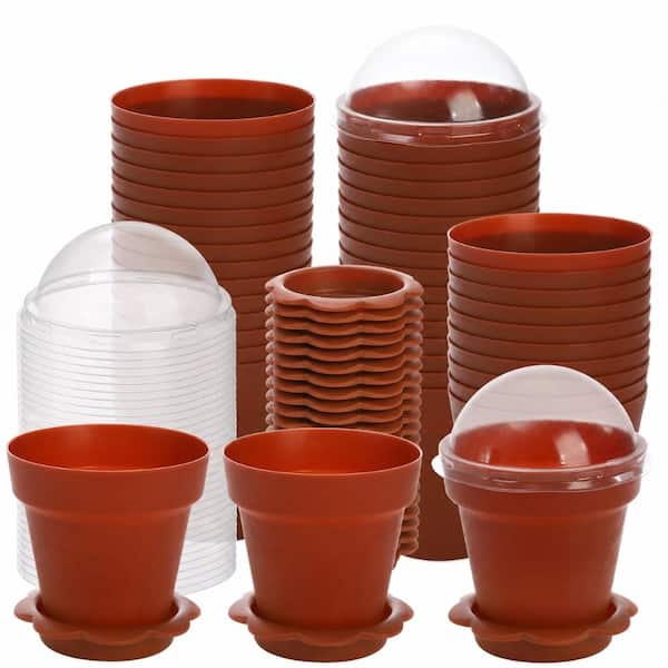 50 Pack 6.7 oz Clear Plastic Mini Flowerpot Dessert Cups with Lids, Shovel Spoons, and Tray Set