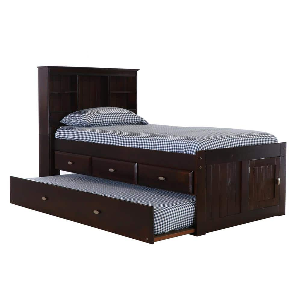 Mission Espresso Brown Twin Sized Captains Bookcase Bed with 3-Drawers and a Twin Trundle -  OS Home and Office Furniture, 82920K3-22