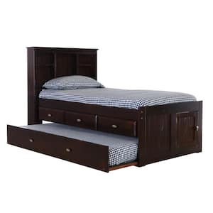 Mission Espresso Brown Twin Sized Captains Bookcase Bed with 3-Drawers and a Twin Trundle