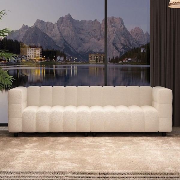 FUFU&GAGA 94.8 in. Width Straight Arms High Back Doll Cotton Touch Like Curly Dog 4-Seat Rectangular Soft Sofa in White