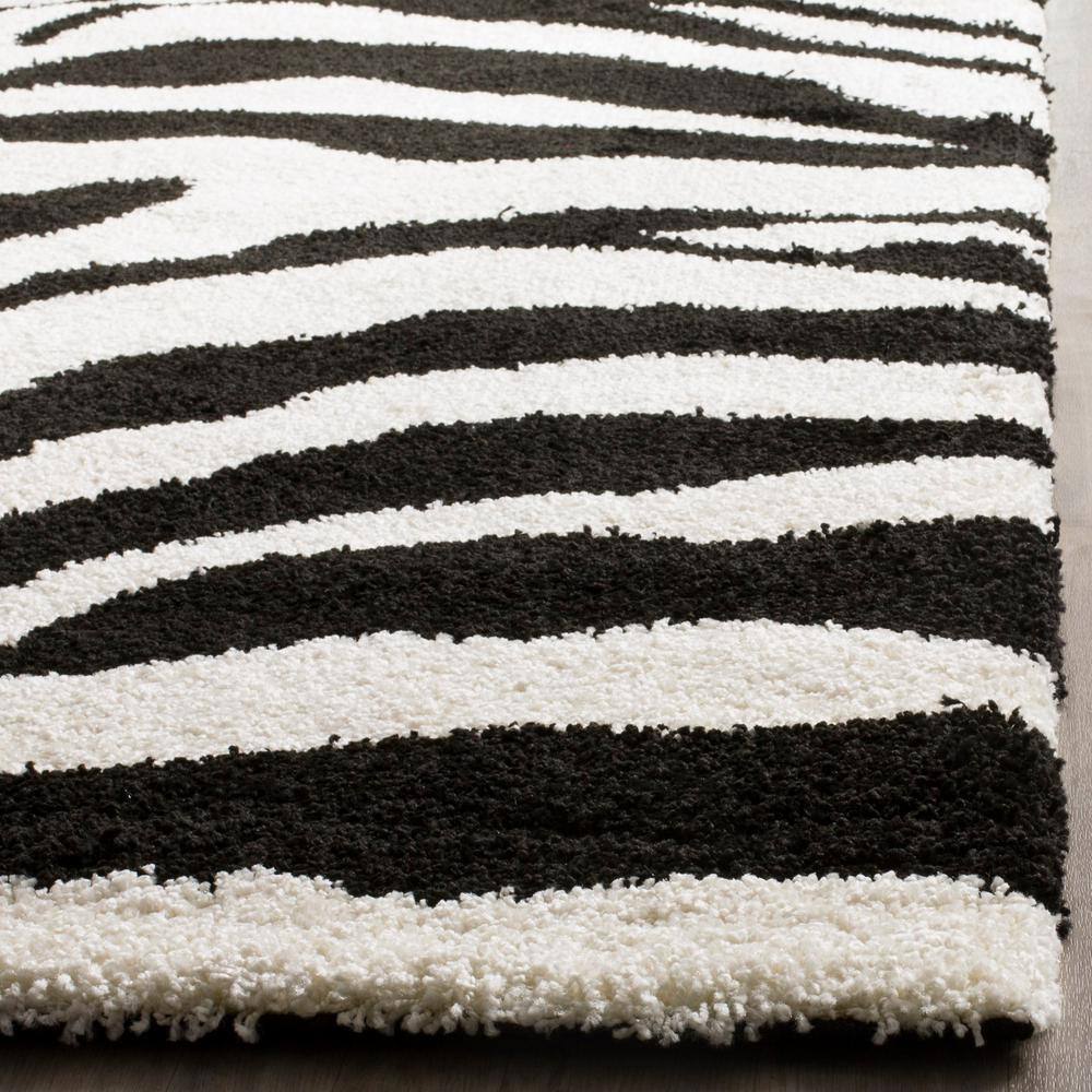 Ivory and Black Zebra Stripe Shag Area Rug, 4' x 6'