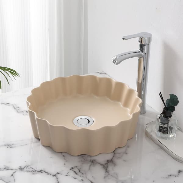 Atelier 15 in. Round Art Deco Contemporary Scalloped Ceramic Bathroom Vessel Sink, Matte Beige