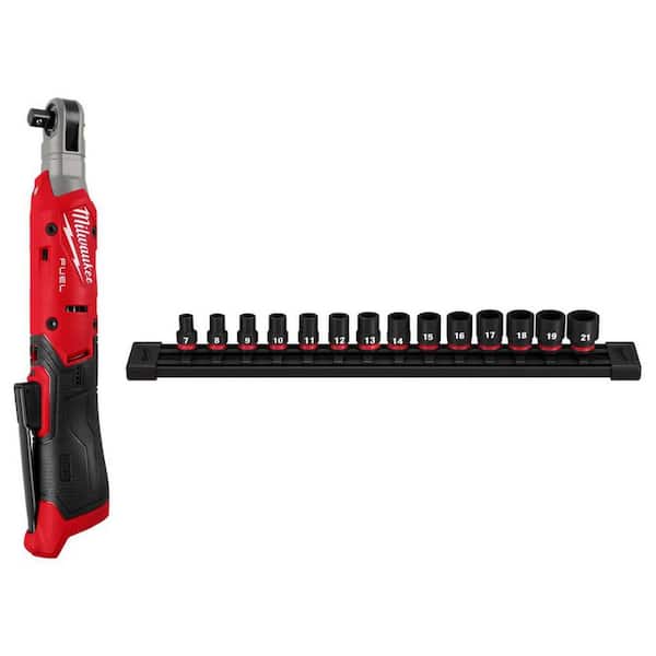 M12 12V Lithium-Ion 3/8 in. Cordless Ratchet (Tool-Only) and 3/8 in. Drive Metric 6 Point Impact Socket Set (14-Piece)