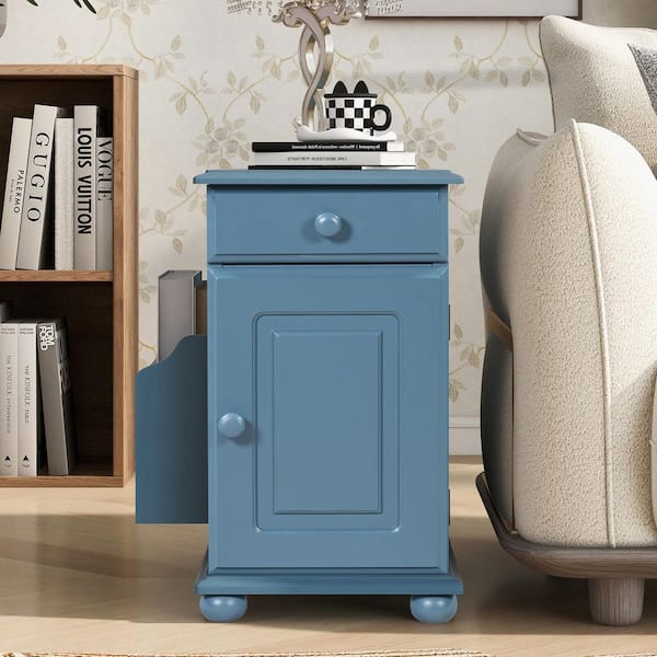 Seafuloy 12.6 W in. Navy Blue Rectangle Wood End Table with Charging Station, USB Ports, Tray with Cup Holder/Cabinet/Bookshelf