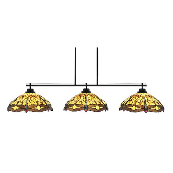 Monroe 3-Light Billiard Light, Round Fitter, Matte Black Finish, 16 in. Amber Dragonfly Art Glass
