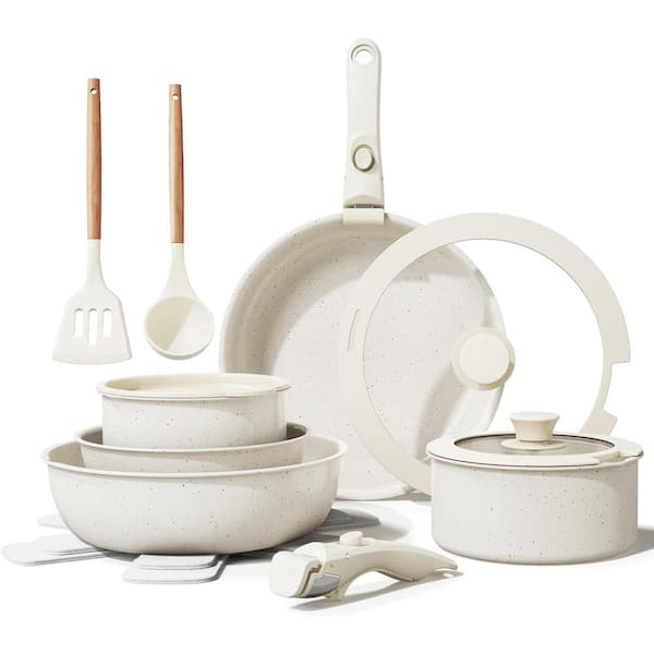 17-Piece Aluminum Nonstick Cookware Pots and Pans Set with Removable Handles & Stain & Scratch-Resistant in Cream White