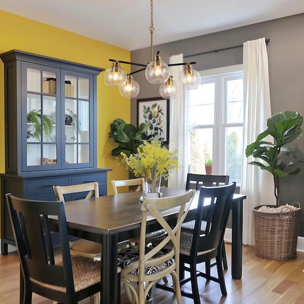 Brass Gold 23 in. 5-Light Modern Farmhouse Pendant, Seeded Glass and Matte Black Finish, Dining Room Vintage Chandelier