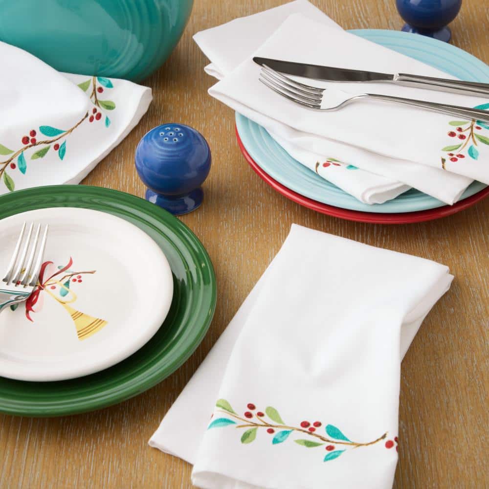 Holly Sprig Holiday Border Cotton Napkins Set, White/Red/Green