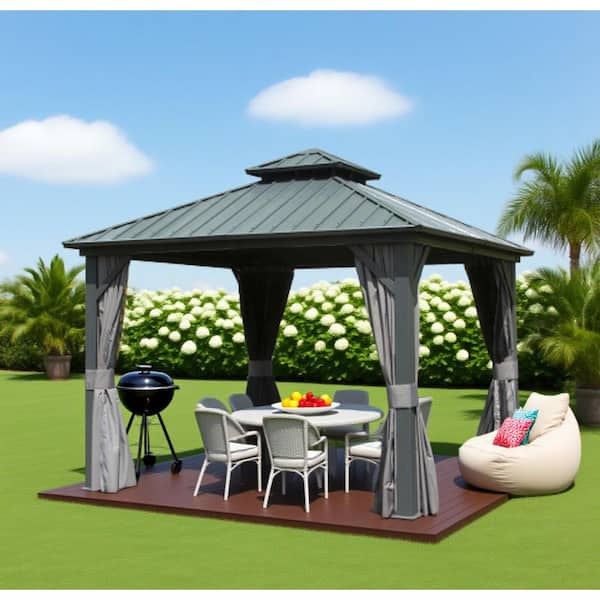 8 ft. x 8 ft. Outdoor Gazebo with Galvanized Steel Double Roof, Canopy, Curtain and Netting, Gray