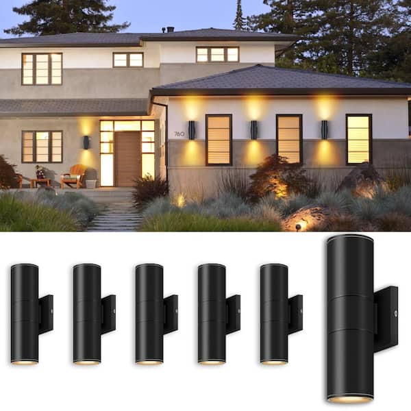 11.5 in. Black Aluminum Modern Indoor and Outdoor Cylinder LED Wall Lantern Scone (Set of 6)