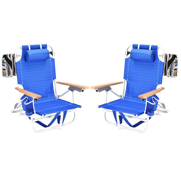 Unbranded 13 in. H 2-Pieces Blue Aluminium Folding 5-Position Backpack Beach Chairs with Pouch and 2-Beach Towels