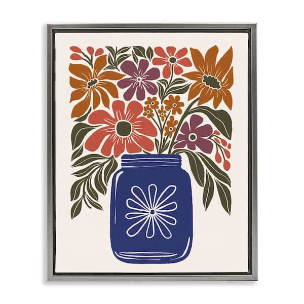 Stupell Industries Boho Blossoms Vase by Loni Harris Gray Floater Frame Nature Graphic Art Print 31 in. x 25 in.
