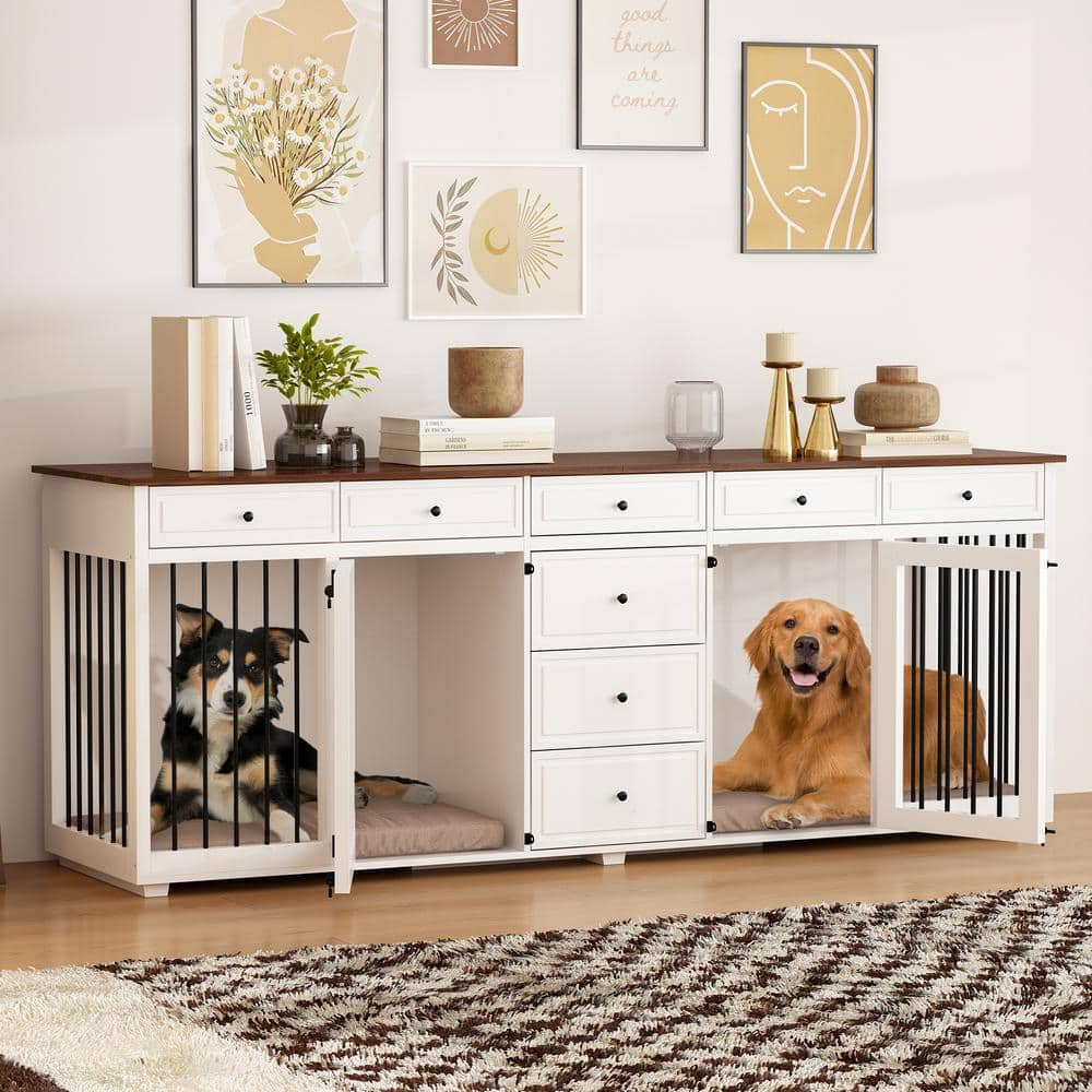 FUFU&GAGA Indoor Large Dog Crate Furniture With 8 Drawers, 89 In. XL Heavy Duty Wooden Dog House Kennel for 2 Medium Dogs, White