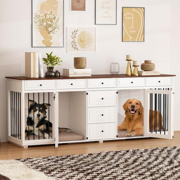 FUFU GAGA Indoor Large Dog Crate Furniture With 8 Drawers 89 In. XL Heavy Duty Wooden Dog House Kennel for 2 Medium Dogs White Y THD 150167 0102 c