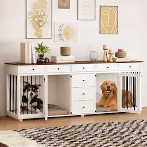 Indoor Large Dog Crate Furniture With 8 Drawers, 89 In. XL Heavy Duty Wooden Dog House Kennel for 2 Medium Dogs, White
