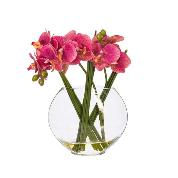 Vickerman 9 .8 in. Pink Artificial Butterfly Orchid Floral Arrangement in Glass Pot