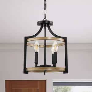 4-Light Black and Gray Wood Drum Pendant Light, Convertible Semi Flush Mount Ceilingfor Dining Room,Bedroom, Foyer