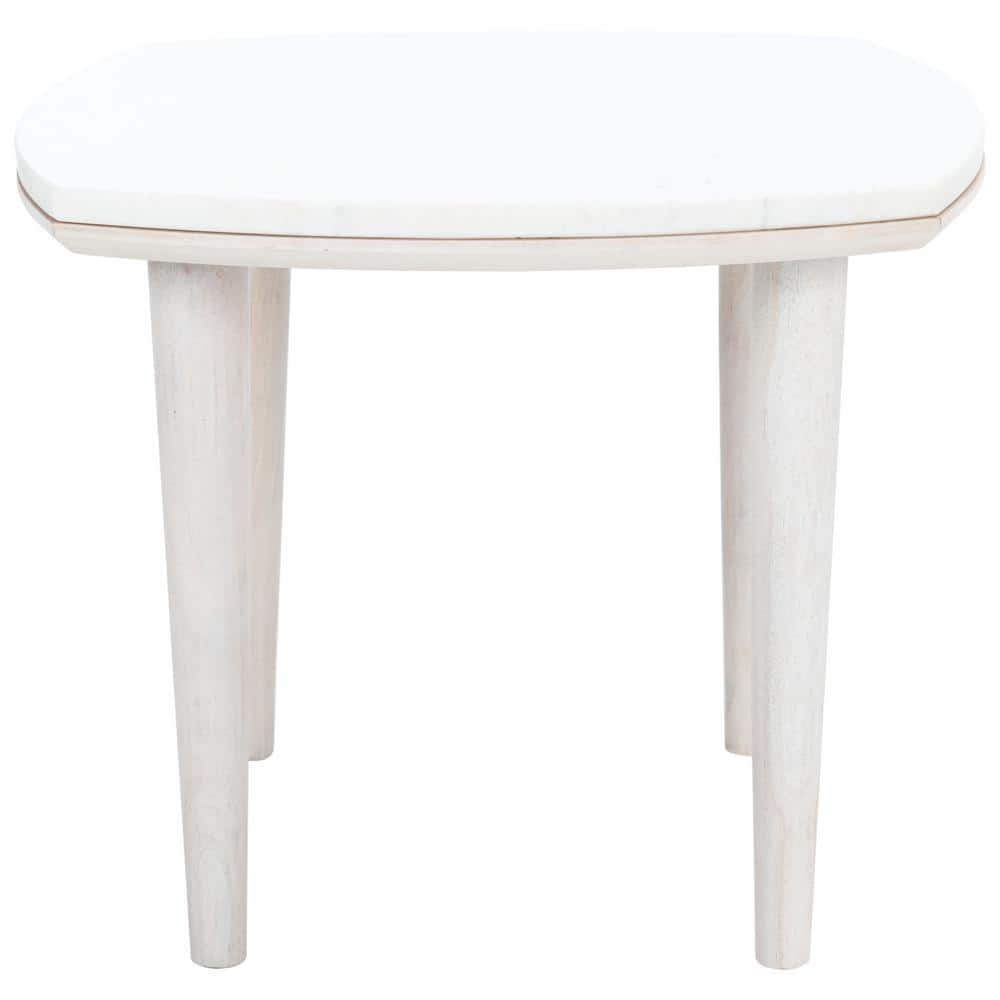 Elegant Round 21" Wood & Stone Side Table in White Wash