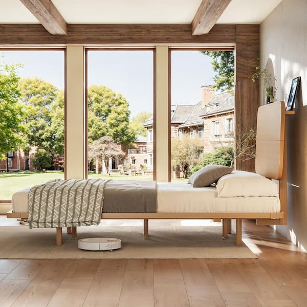Natural/Brown Bamboo Frame Full Size Platform Bed with Headboard and USB Ports, Support Slats