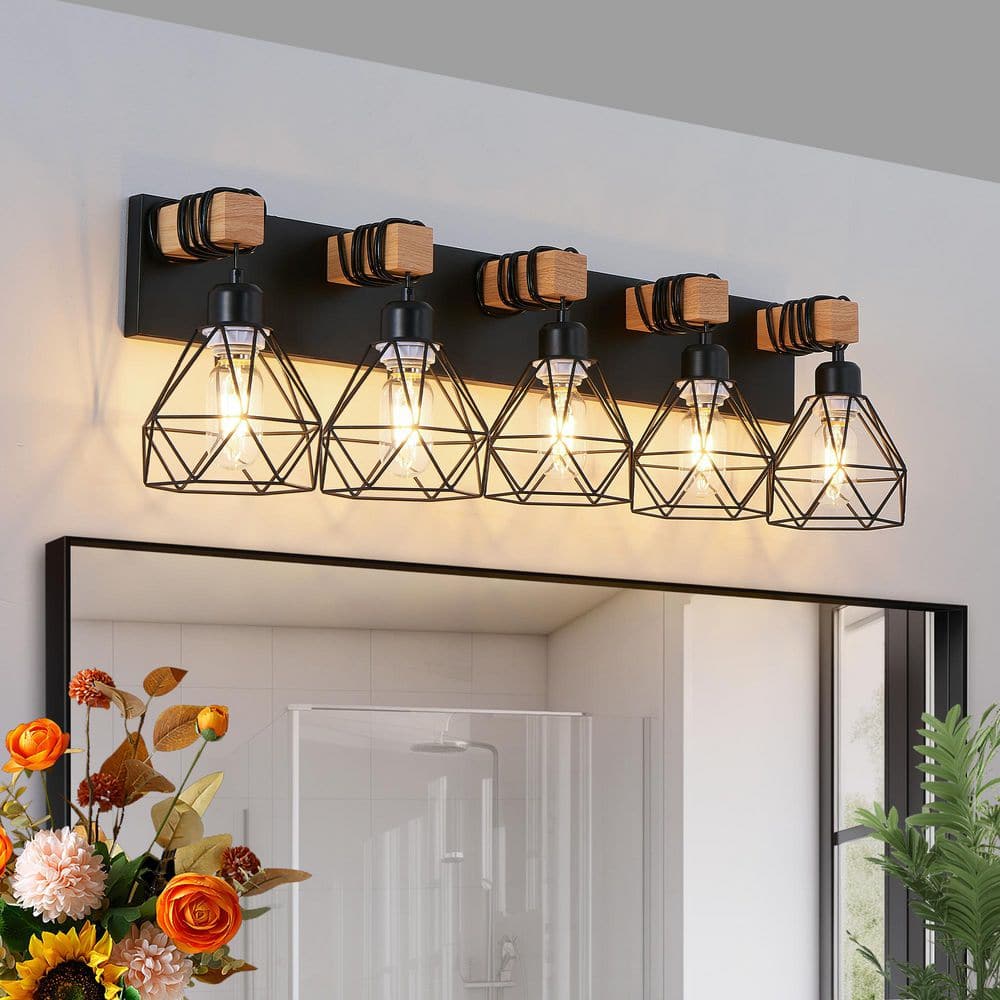 31 in 5 Light black Grain Finish Vanity Light Fixture Bathroom Over Mirror Wall Light Wooden Accents Cage shade Bathroom price history on PriceWatchPro