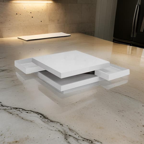 Benjara Custom Series 32 in. Square White Lacquer Wood Coffee Table with 2 Drawers