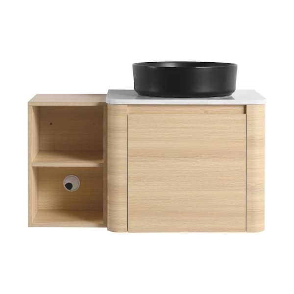 36 in. Wall-Mounted White Oak Bath Vanity with White Engineered Stone Top, Black Sink, Storage Shelves Unassembled