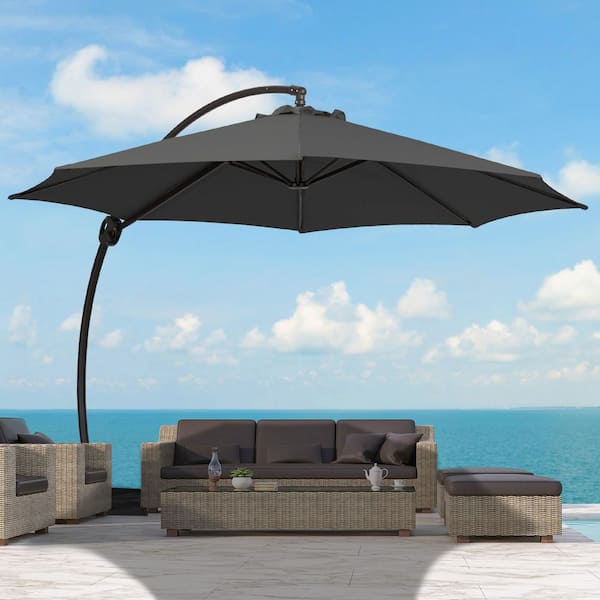 11 ft. L Outdoor Aluminum Curvy Cantilever Offset Hanging Patio Umbrella with Sandbag Base and Cover in Gray