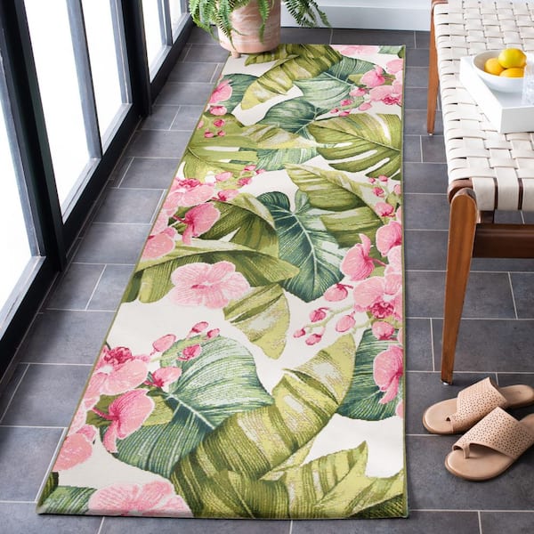 Barbados Green/Pink 3 ft. x 10 ft. Oversized Floral Indoor/Outdoor Runner Rug