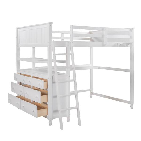 aisword Full Size Loft Bed with Drawers and Desk, Wooden Loft Bed with Shelves - White