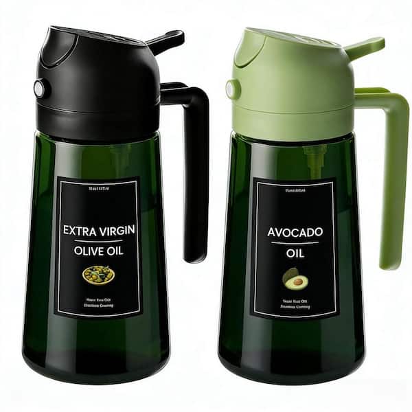 Light-Proof Premium 2-in-1 Olive Oil Dispenser Sprayer Bottle with Stickers in Black and Green (470ml)