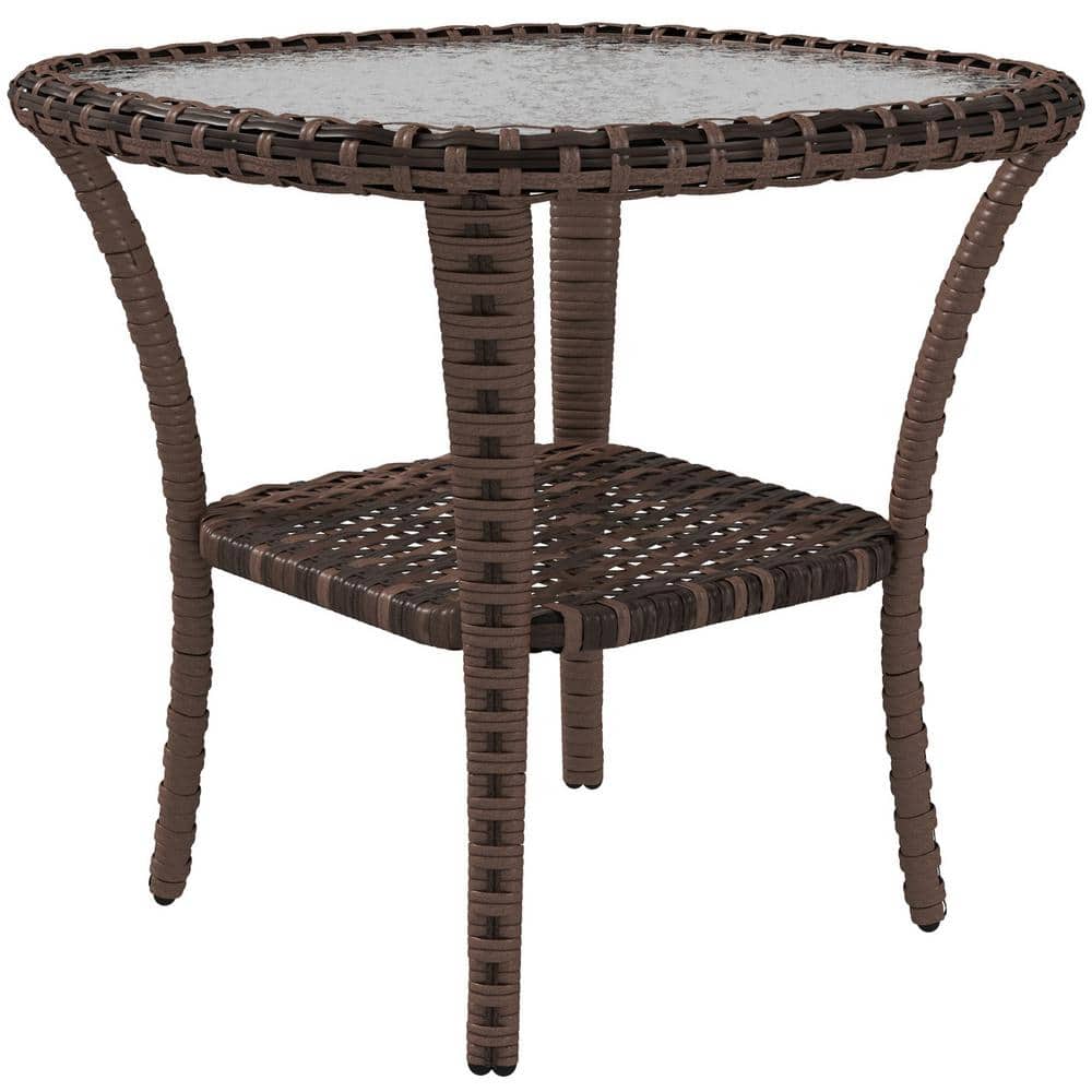 Mix Brown Wicker Outdoor Coffee Table with Storage Shelf, Rattan Side Table with Glass Top for