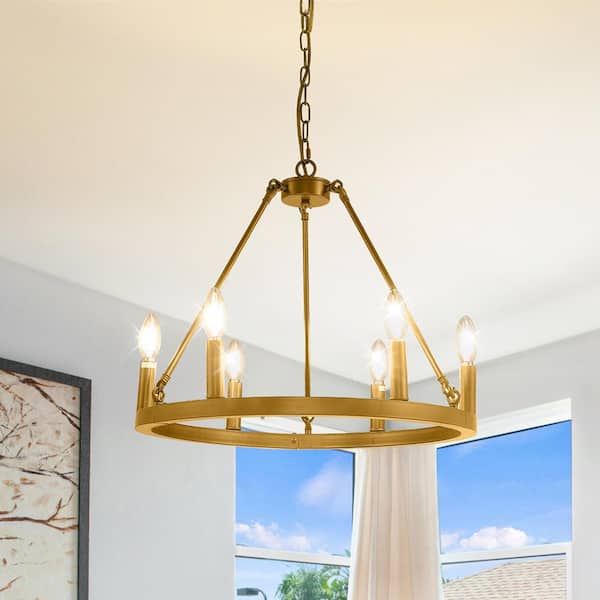 Magic Home 20 in. 6-Light Gold Elegant Mid-Century Metal Ceiling Light Farmhouse Wagon Wheel Chandelier for Living Dining Room