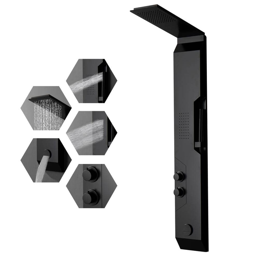 Matte Black Stainless Steel Shower Tower with Rainfall Head and Body Jets