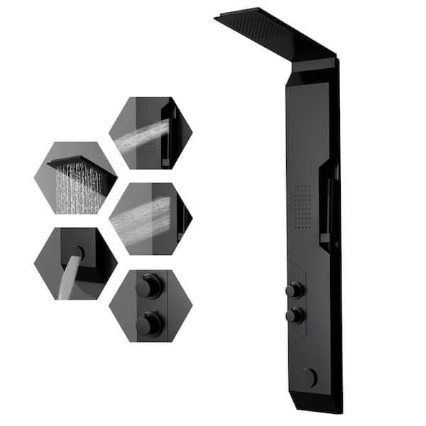 4-in-1, 1-Jet Shower Panel Tower System with Rainfall Waterfall Shower Head, and Massage Body Jets in Matte Black