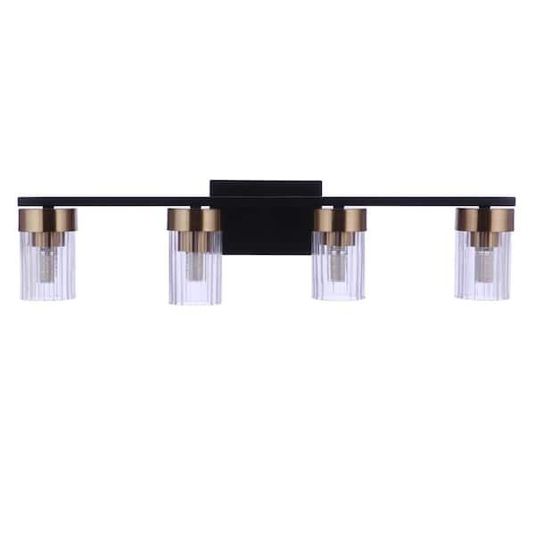 CRAFTMADE Bond Street 27 in. 4-Light Flat Black/Satin Brass Finish Vanity Light with Clear Ribbed Glass