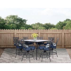 Montclair 9-Piece Steel Outdoor Dining Set with Navy Blue Cushions, 8 Swivel Chairs and 60 in. Counter Height Table