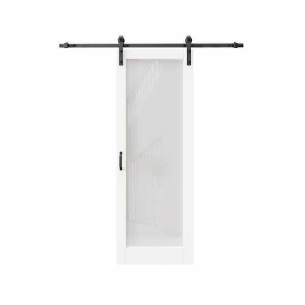 34 in. x 80 in. 1-Lite Frosted Glass White Primed MDF Composite Sliding Barn Door with Hardware Kit and Pantry Sticker