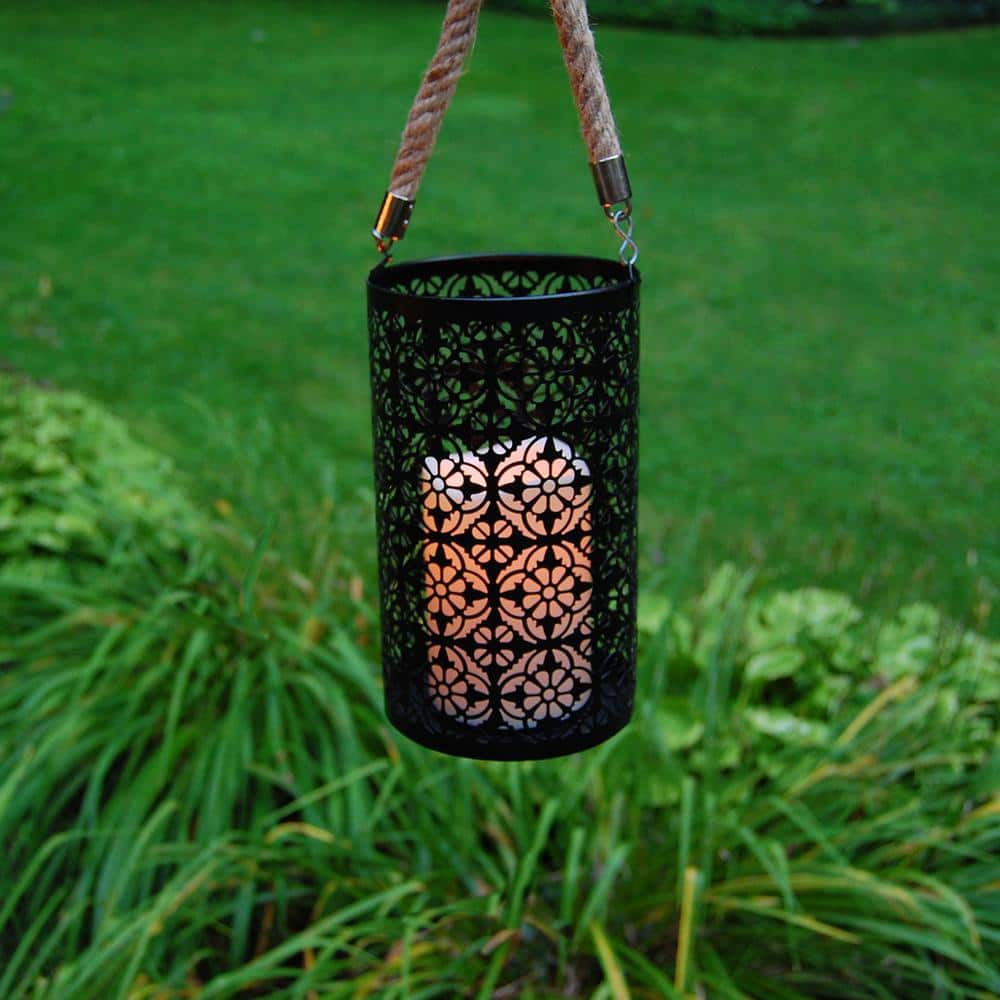 Black Jacquard Metal Hanging Tabletop Lantern with LED Candle