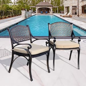 Harmon Cast Aluminum Outdoor Patio Dining Chairs With Set of 2 in Lattice Weave Design in Bronze with Cushions