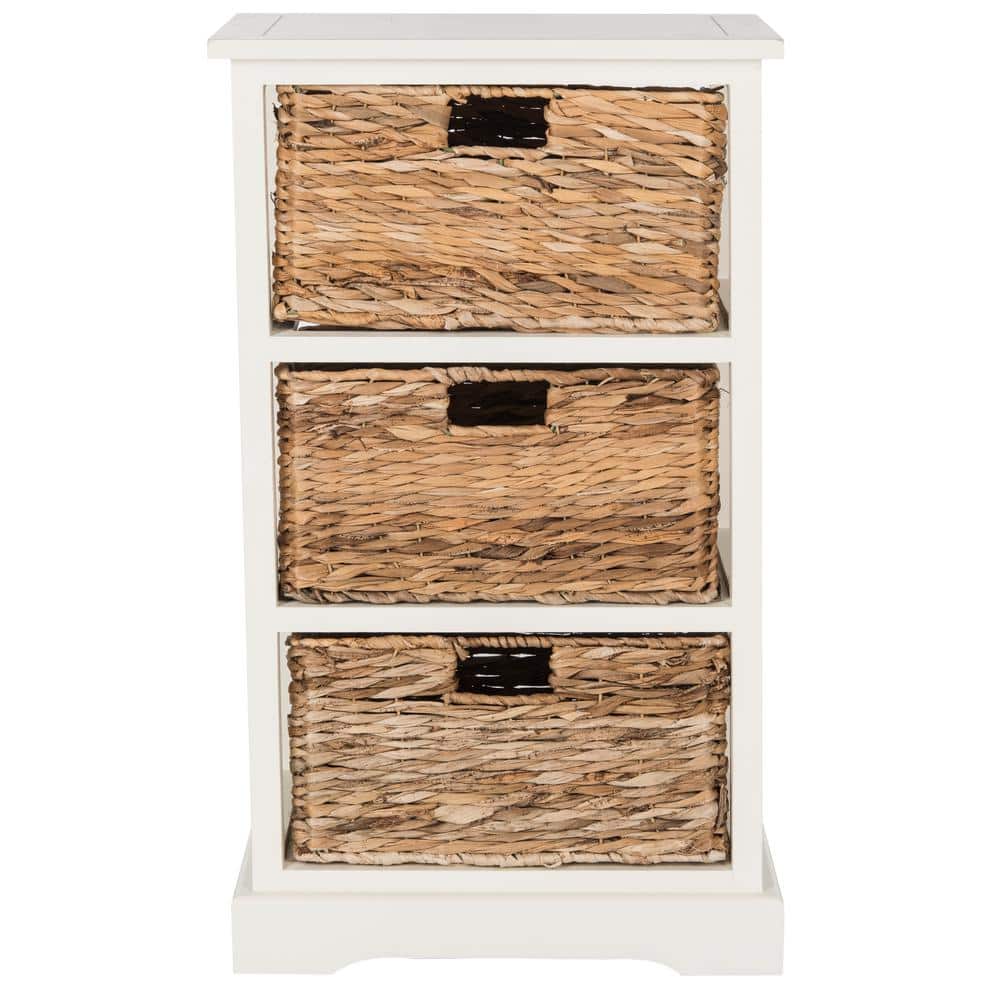 Distressed White Pine Wood 3-Drawer Side Table with Wicker Baskets