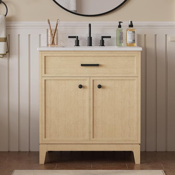 DELUXE DL LIVING Serbia 31 in. Single Sink Freestanding Oak Bath Vanity with White Engineered Stone Top and Backsplash Assembled
