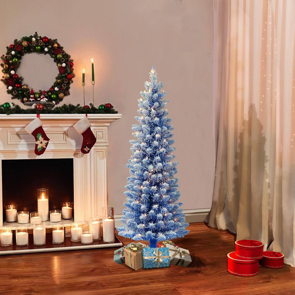 Pre-Lit 4.5' Blue and White Flocked Pencil Artificial Christmas Tree with Lights