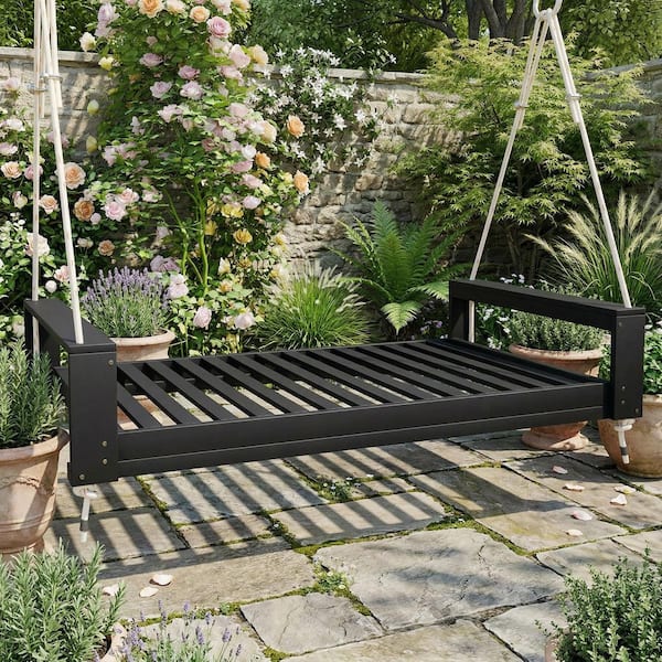 ベッド 2-Person Black Acacia Wood Porch Swing Bed, Twin Size Patio Swing