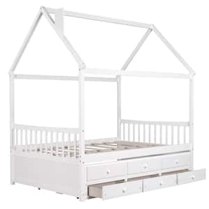 SSuper White Full Size Wood House Bed with Trundle and 3-Drawers