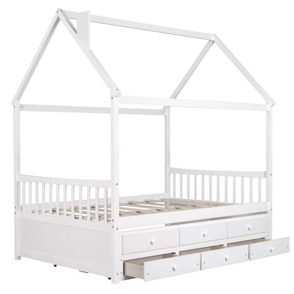 GHOUSE SSuper White Full Size Wood House Bed with Trundle and 3-Drawers