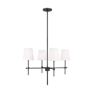 Baker 4-Light Midnight Black Hanging Chandelier With White Linen Fabric Shades