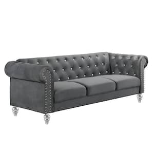 Emma 81 in. Rolled Arm Polyester Chesterfield Rectangle Crystal Tufted Back Sofa in Gray